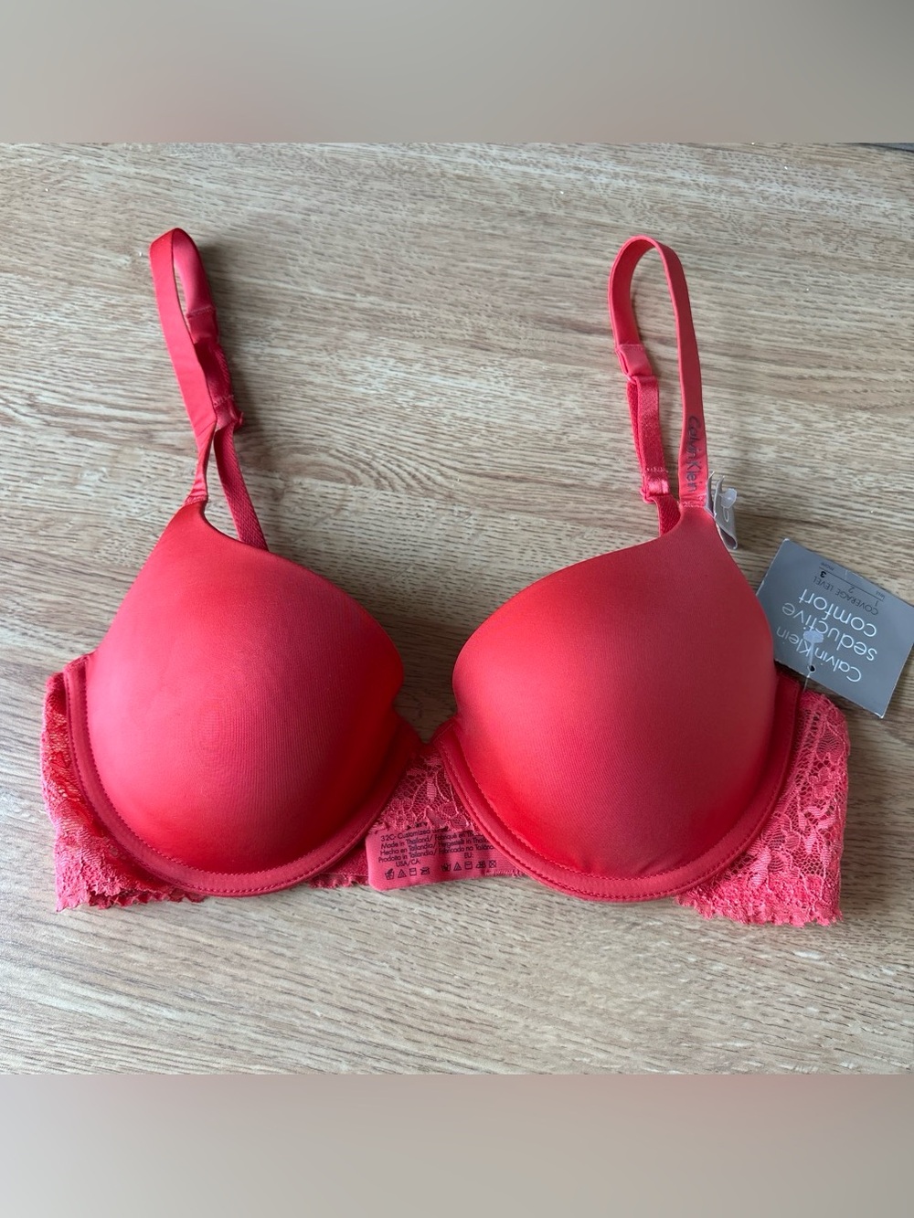 Calvin Klein Coral-Red Lace Trim T-Shirt Bra